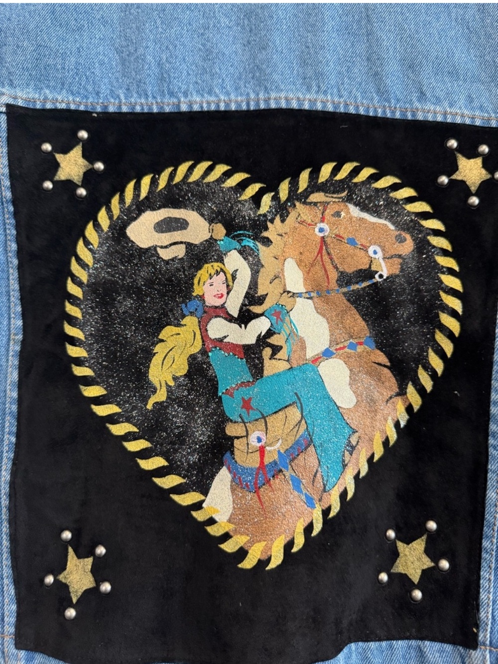 Patricia Wolf denim leather vest handpaintedcowgirl horse rodeo steer OOAK Large